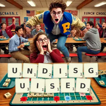 Creative illustration for a Scrabble game with the word UNDISGUISED spelled out in tiles on the board.
