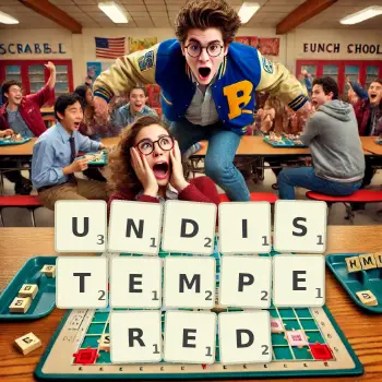 Creative illustration for a Scrabble game with the word UNDISTEMPERED spelled out in tiles on the board.