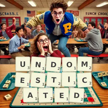 Creative illustration for a Scrabble game with the word UNDOMESTICATED spelled out in tiles on the board.