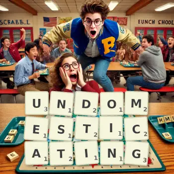 Creative illustration for a Scrabble game with the word UNDOMESTICATING spelled out in tiles on the board.