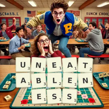 Creative illustration for a Scrabble game with the word UNEATABLENESS spelled out in tiles on the board.