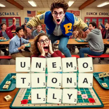 Creative illustration for a Scrabble game with the word UNEMOTIONALLY spelled out in tiles on the board.