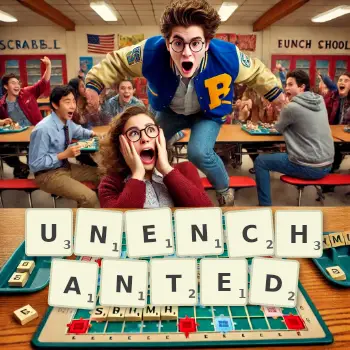 Creative illustration for a Scrabble game with the word UNENCHANTED spelled out in tiles on the board.