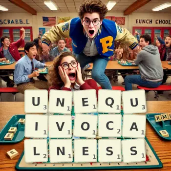Creative illustration for a Scrabble game with the word UNEQUIVOCALNESS spelled out in tiles on the board.