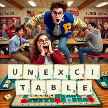 Creative illustration for a Scrabble game with the word UNEXCITABLE spelled out in tiles on the board.