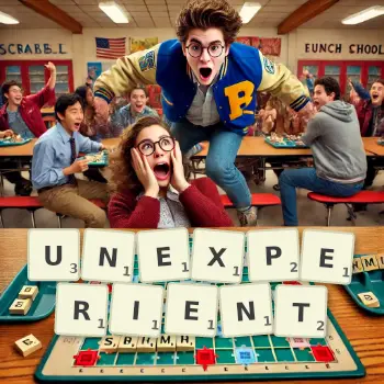 Creative illustration for a Scrabble game with the word UNEXPERIENT spelled out in tiles on the board.