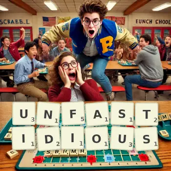 Creative illustration for a Scrabble game with the word UNFASTIDIOUS spelled out in tiles on the board.