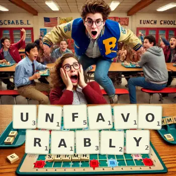 Creative illustration for a Scrabble game with the word UNFAVORABLY spelled out in tiles on the board.