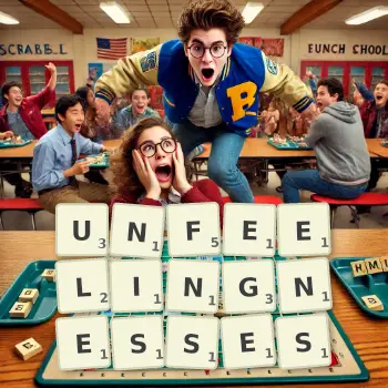 Creative illustration for a Scrabble game with the word UNFEELINGNESSES spelled out in tiles on the board.