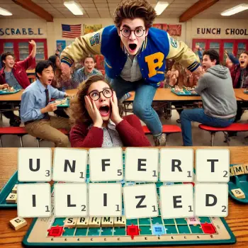 Creative illustration for a Scrabble game with the word UNFERTILIZED spelled out in tiles on the board.