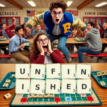 Creative illustration for a Scrabble game with the word UNFINISHED spelled out in tiles on the board.