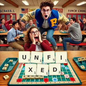 Creative illustration for a Scrabble game with the word UNFIXED spelled out in tiles on the board.