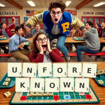 Creative illustration for a Scrabble game with the word UNFOREKNOWN spelled out in tiles on the board.