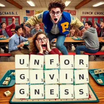 Creative illustration for a Scrabble game with the word UNFORGIVINGNESS spelled out in tiles on the board.