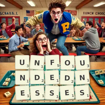 Creative illustration for a Scrabble game with the word UNFOUNDEDNESSES spelled out in tiles on the board.