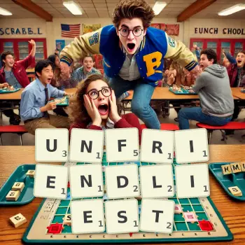 Creative illustration for a Scrabble game with the word UNFRIENDLIEST spelled out in tiles on the board.