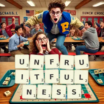 Creative illustration for a Scrabble game with the word UNFRUITFULNESS spelled out in tiles on the board.