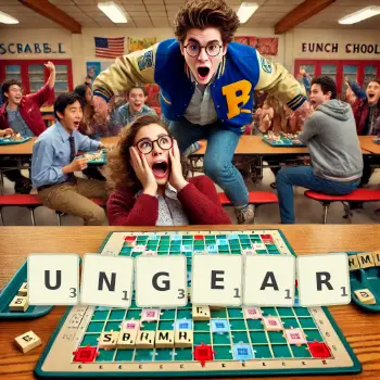 Creative illustration for a Scrabble game with the word UNGEAR spelled out in tiles on the board.