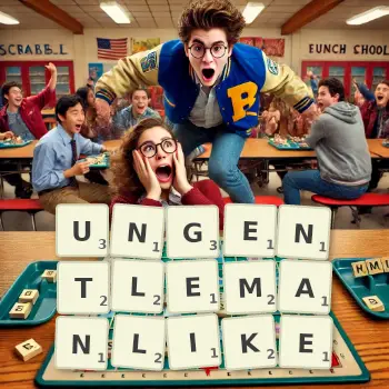Creative illustration for a Scrabble game with the word UNGENTLEMANLIKE spelled out in tiles on the board.
