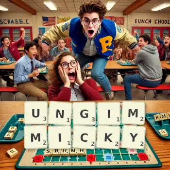 Creative illustration for a Scrabble game with the word UNGIMMICKY spelled out in tiles on the board.