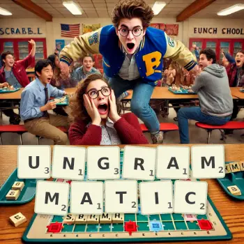 Creative illustration for a Scrabble game with the word UNGRAMMATIC spelled out in tiles on the board.