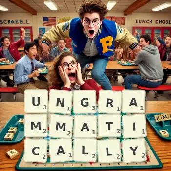 Creative illustration for a Scrabble game with the word UNGRAMMATICALLY spelled out in tiles on the board.