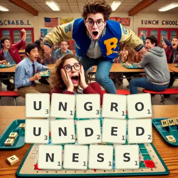 Creative illustration for a Scrabble game with the word UNGROUNDEDNESS spelled out in tiles on the board.