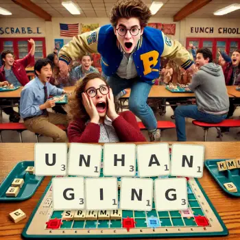 Creative illustration for a Scrabble game with the word UNHANGING spelled out in tiles on the board.