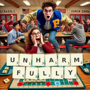 Creative illustration for a Scrabble game with the word UNHARMFULLY spelled out in tiles on the board.