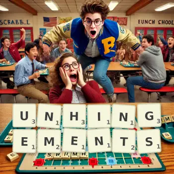 Creative illustration for a Scrabble game with the word UNHINGEMENTS spelled out in tiles on the board.