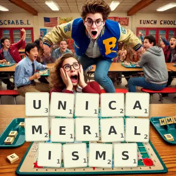 Creative illustration for a Scrabble game with the word UNICAMERALISMS spelled out in tiles on the board.