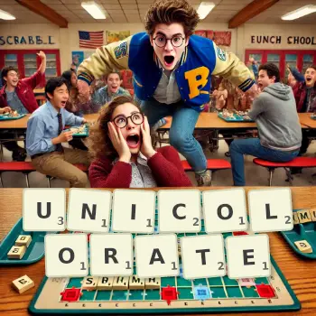 Creative illustration for a Scrabble game with the word UNICOLORATE spelled out in tiles on the board.