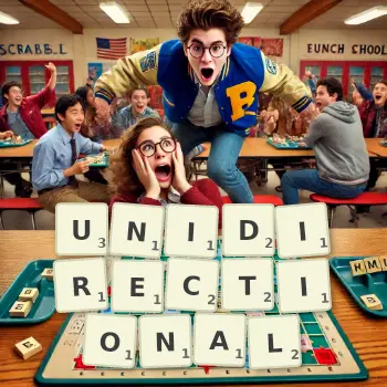 Creative illustration for a Scrabble game with the word UNIDIRECTIONAL spelled out in tiles on the board.