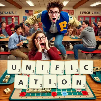 Creative illustration for a Scrabble game with the word UNIFICATION spelled out in tiles on the board.