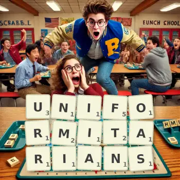 Creative illustration for a Scrabble game with the word UNIFORMITARIANS spelled out in tiles on the board.