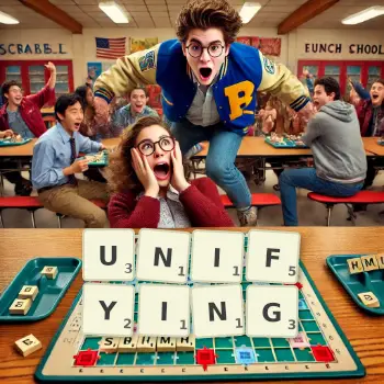 Creative illustration for a Scrabble game with the word UNIFYING spelled out in tiles on the board.