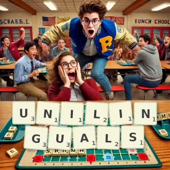 Creative illustration for a Scrabble game with the word UNILINGUALS spelled out in tiles on the board.