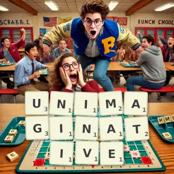 Creative illustration for a Scrabble game with the word UNIMAGINATIVE spelled out in tiles on the board.