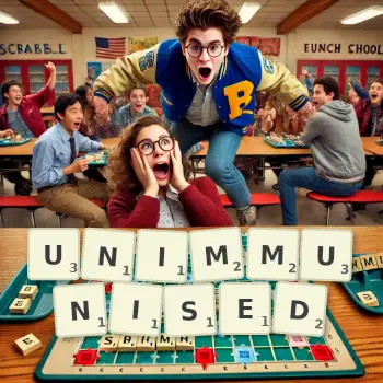 Creative illustration for a Scrabble game with the word UNIMMUNISED spelled out in tiles on the board.