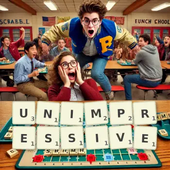 Creative illustration for a Scrabble game with the word UNIMPRESSIVE spelled out in tiles on the board.