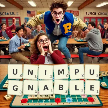 Creative illustration for a Scrabble game with the word UNIMPUGNABLE spelled out in tiles on the board.