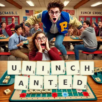 Creative illustration for a Scrabble game with the word UNINCHANTED spelled out in tiles on the board.
