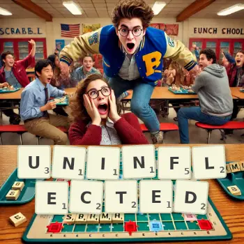 Creative illustration for a Scrabble game with the word UNINFLECTED spelled out in tiles on the board.