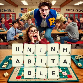 Creative illustration for a Scrabble game with the word UNINHABITABLE spelled out in tiles on the board.