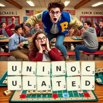 Creative illustration for a Scrabble game with the word UNINOCULATED spelled out in tiles on the board.