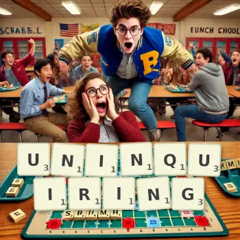 Creative illustration for a Scrabble game with the word UNINQUIRING spelled out in tiles on the board.