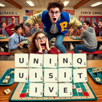 Creative illustration for a Scrabble game with the word UNINQUISITIVE spelled out in tiles on the board.