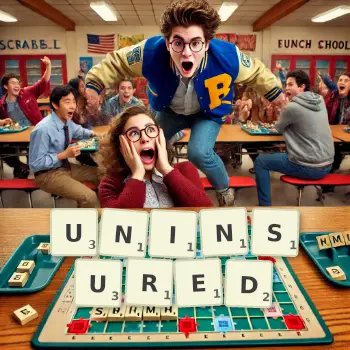 Creative illustration for a Scrabble game with the word UNINSURED spelled out in tiles on the board.