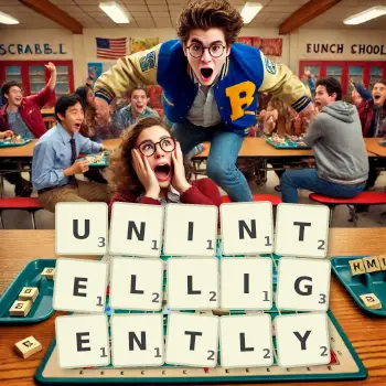 Creative illustration for a Scrabble game with the word UNINTELLIGENTLY spelled out in tiles on the board.
