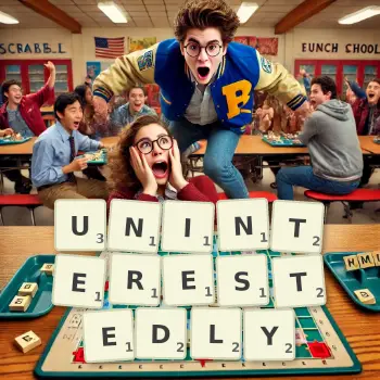 Creative illustration for a Scrabble game with the word UNINTERESTEDLY spelled out in tiles on the board.